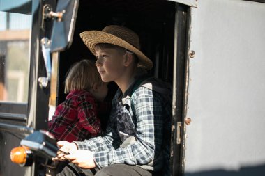 İki Amiş çocuk, 2 ve 10 yaşlarında, geleneksel bir at arabasında birlikte oturuyorlar..