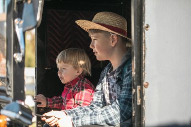 İki Amiş çocuk, 2 ve 10 yaşlarında, geleneksel bir at arabasında birlikte oturuyorlar..