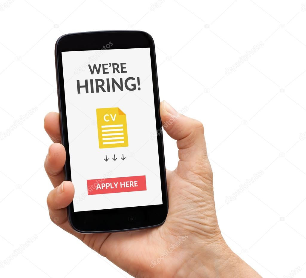 Hand holding smart phone with we are hiring apply now concept on