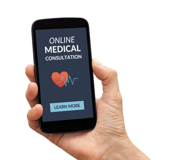 Ręka trzyma smartphone z koncepcja konsultacji medycznych online — Zdjęcie stockowe