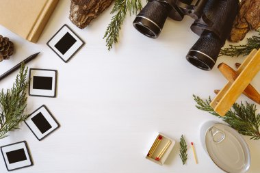 Macera seyahat için vintage dişli Üstten Görünüm