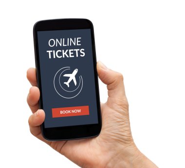Online bilet konsepti ile akıllı telefon ekranında tutan el