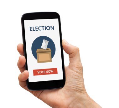 Online oylama konsepti ile akıllı telefon ekranında tutan el