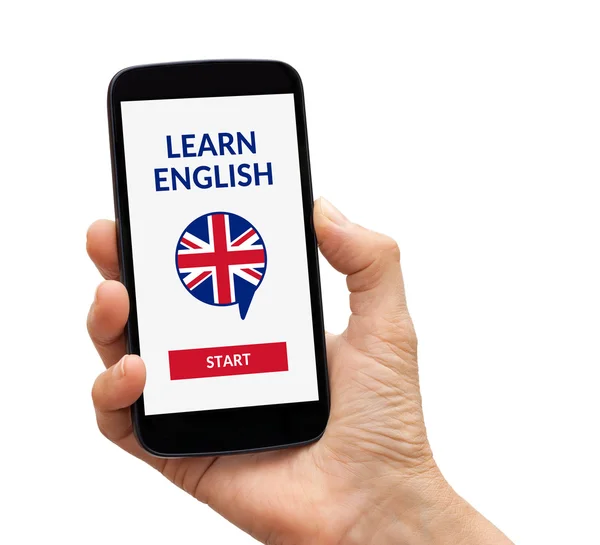 Mano celebración de teléfono inteligente con en línea aprender el concepto de Inglés en scr — Foto de Stock