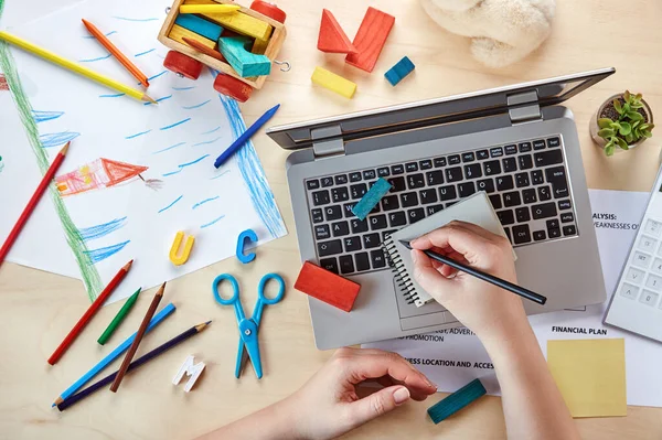 Mother Sharing Workspace Desk Child Hands Mom Businesswoman Working Home — Stock Photo, Image