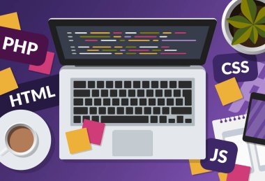 Mor arka planda web geliştirme ve kodlama kavramı. Dizüstü bilgisayarlı ve programlama dilli bir programcı çalışma alanının düz çizimi. 