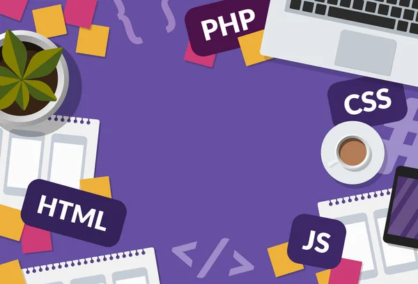Web development and coding concept web banner with copy space on purple background. Flat lay illustration of a programmer workspace with laptop, mobile app wireframe sketches and programming languages.