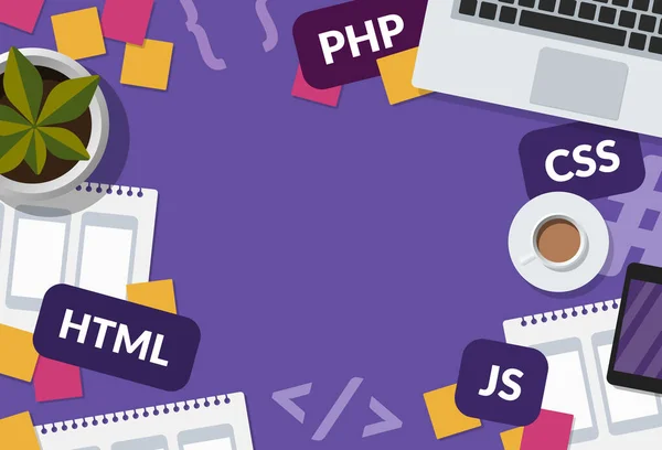 Web geliştirme ve kodlama konsepti, mor arkaplan üzerinde fotokopi alanı olan web afişi. Dizüstü bilgisayarı, mobil uygulama kablo çizimleri ve programlama dilleriyle programcı çalışma alanının düz çizimi.