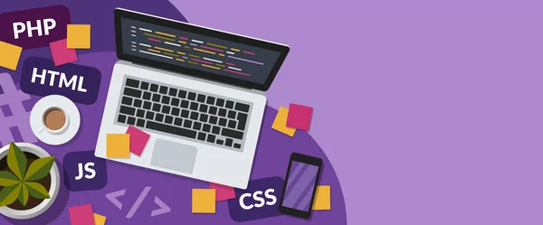 Web geliştirme ve kodlama konsepti, mor arkaplan üzerinde fotokopi alanı olan web afişi. Bir programcı çalışma alanının düz çizimi.