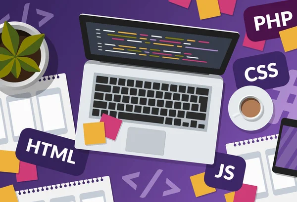 Mor arka planda web geliştirme ve kodlama kavramı. Dizüstü bilgisayar ve programlama dilleriyle meşgul bir programcının düz çizimi.
