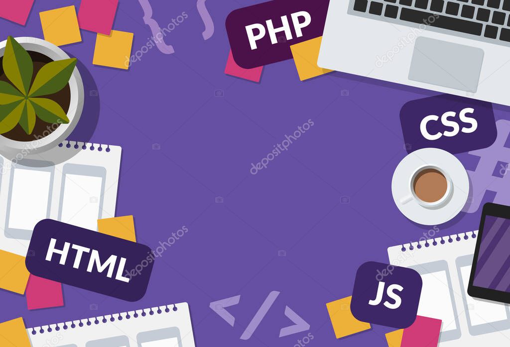 Web development and coding concept web banner with copy space on purple background. Flat lay illustration of a programmer workspace with laptop, mobile app wireframe sketches and programming languages.