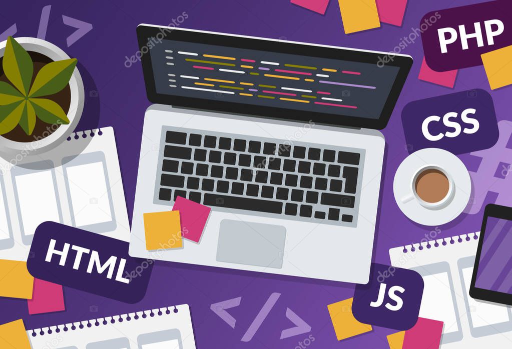 Web development and coding concept on purple background. Flat lay illustration of a programmer busy workspace with laptop and programming languages.