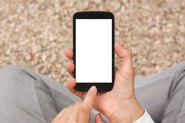 Fehér, üres, üres képernyő-val szúró telefon tartó kezek — Stock Fotó