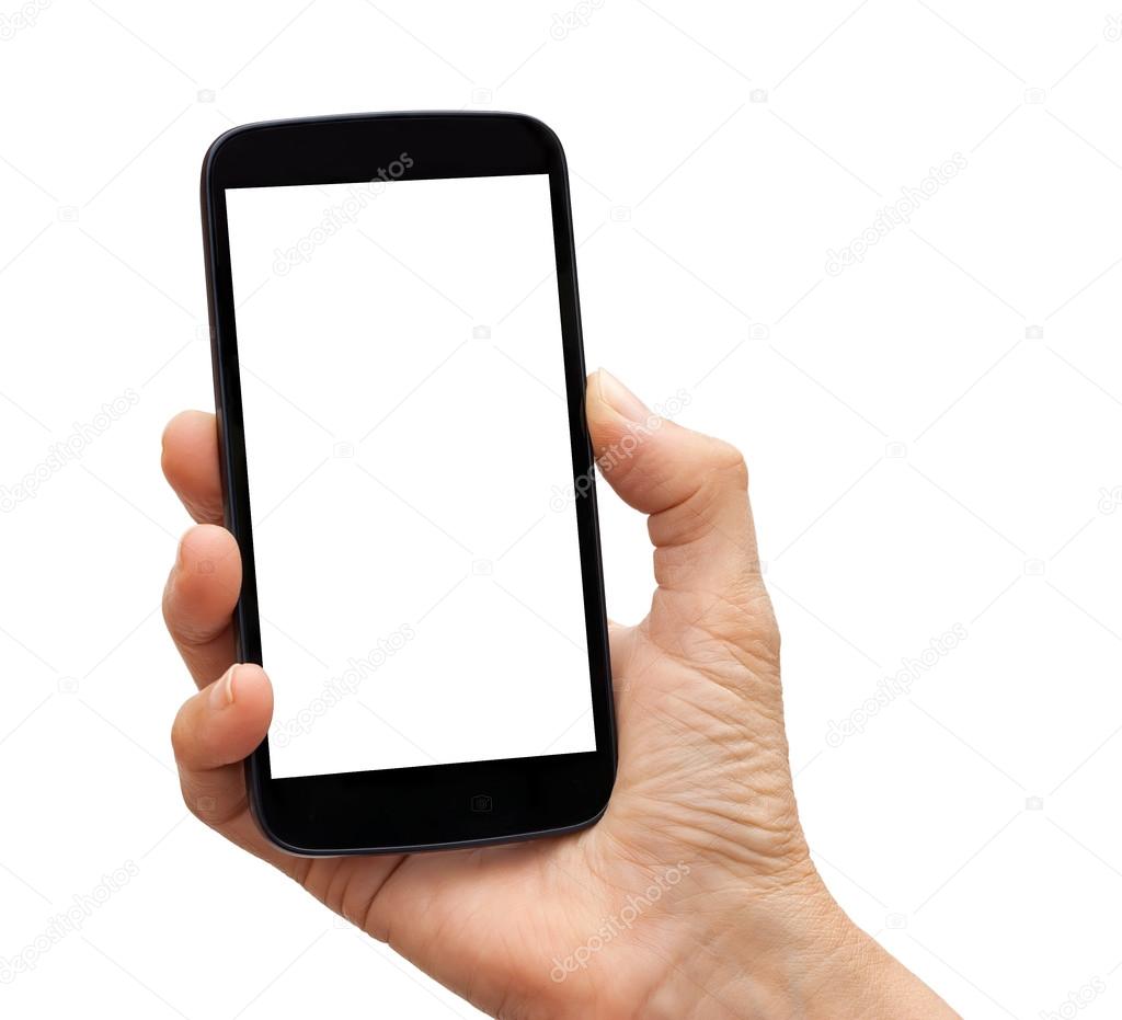 Isolated hand holding a black smartphone with blank screen 