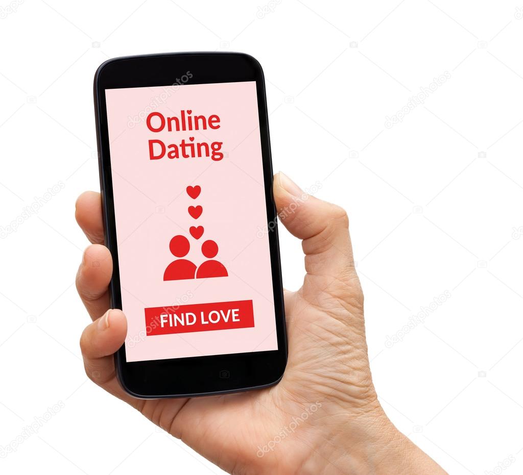 Hand holding smart phone with online dating app mock up on scree