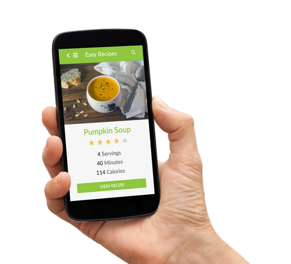 拿食品应用程序的智能手机屏幕上模拟了手 — 图库照片