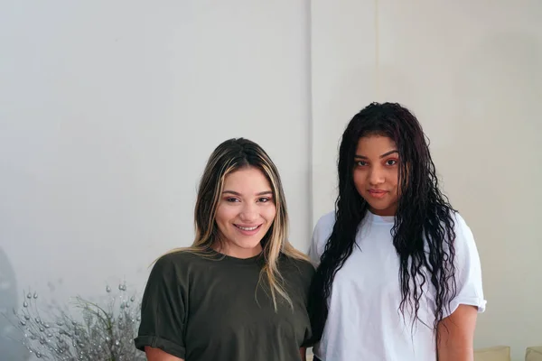 Portrait Two Friends Laughing Looking Camera White Background Two Friends — Foto Stock