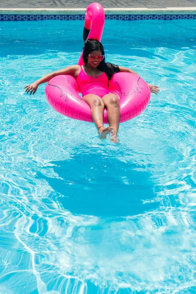 Smiling Young African Girl Bikini Relaxes Inflatable Pink Flamingo Swimming —  Fotos de Stock