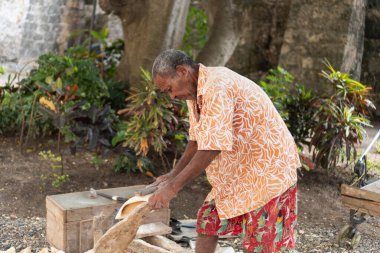 Kıdemli zanaatkar elle ahşap oyuyor, tropik bir ortamda sanat yaratıyor.