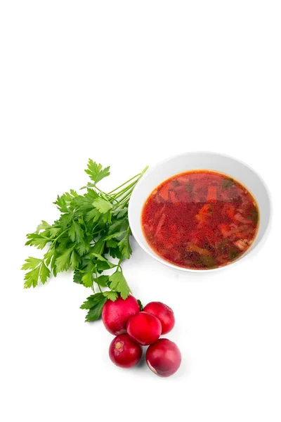 Weiße Schüssel Suppe - Borschtsch mit Petersilienrettich — Stockfoto