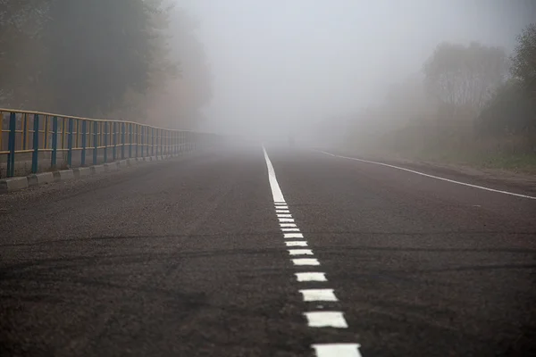 Δρόμος ασφάλτου σε φθινοπωρινή ομίχλη — Φωτογραφία Αρχείου