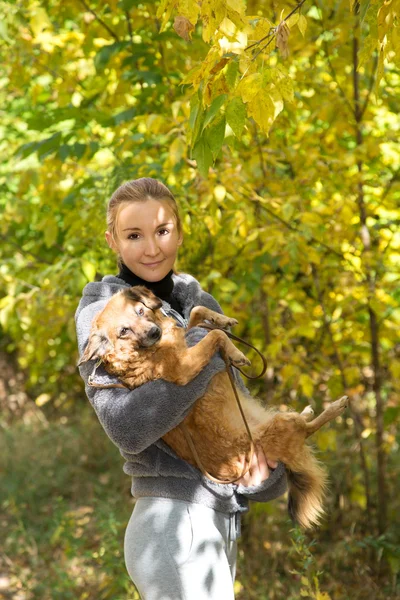 Leende flicka håller en röd hund i höst Park — Stockfoto