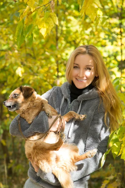 Leende flicka håller en röd hund i höst Park — Stockfoto