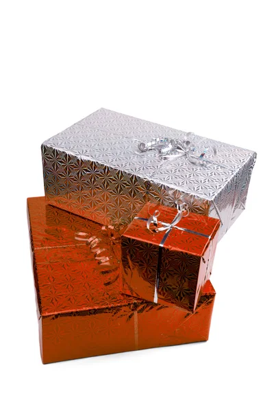 Red Christmas gift boxes on white background — Stock Photo, Image