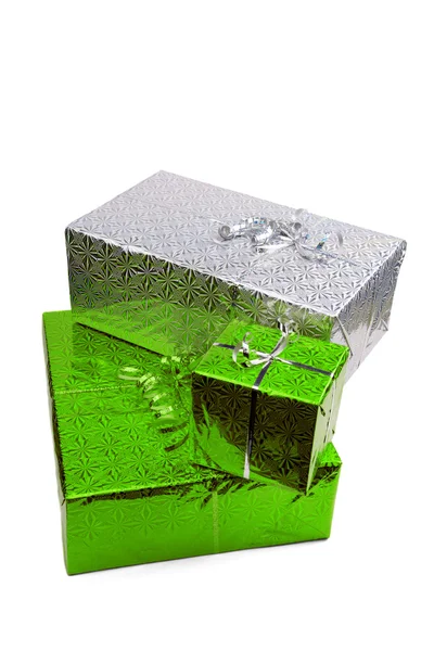 Green Christmas gift boxes on white background — Stock Photo, Image