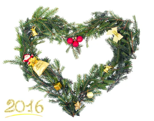 Boże Narodzenie rama od jodła gałąź kształt serca z żółtym dec — Zdjęcie stockowe