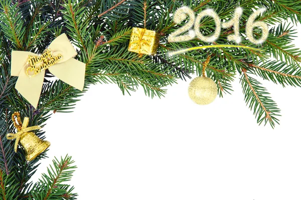 Boże Narodzenie ramki z gałąź jodła kokarda biały i żółty decora — Zdjęcie stockowe