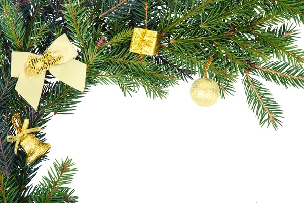 Christmas frame from fir branch with white bow and yellow decora — Stock Photo, Image