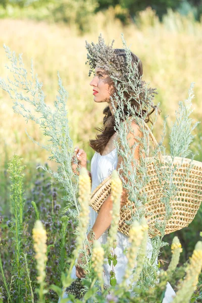 Mulher bonita nova com grinalda de lavanda na cabeça na natureza selvagem — Fotografia de Stock