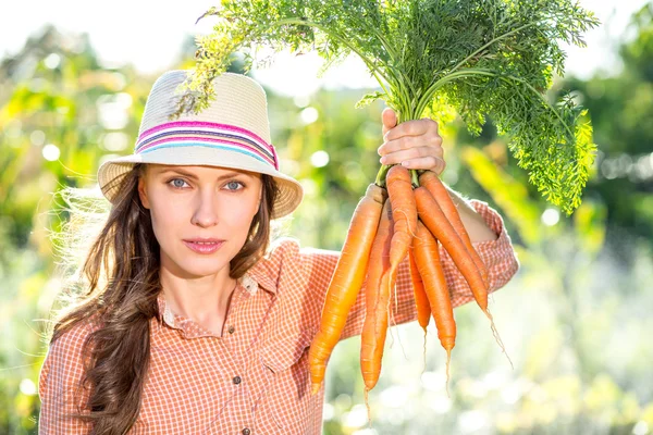 Jardinería - Mujer con zanahorias orgánicas en un huerto — Foto de Stock