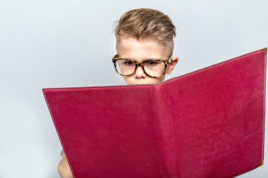 Grey, çocuk odaklı üzerinde izole açık kırmızı kitap çocukla