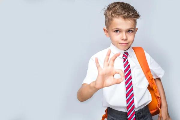 Studio ritratto della pupilla elementare maschile su grigio chiaro — Foto Stock