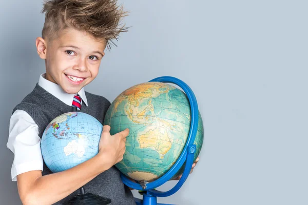 Back to school child over grey — Stock Photo, Image