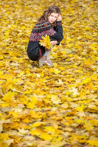 Herbstmode. Herbstfrau im Park in gestrickter Herbstkleidung über gelbem Laub umher — Stockfoto