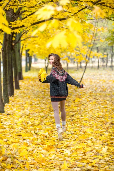 Herbstfrau im Park in gestrickter Herbstkleidung — Stockfoto