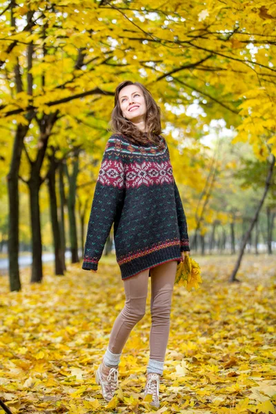 Herbstfrau im Park in gestrickter Herbstkleidung — Stockfoto