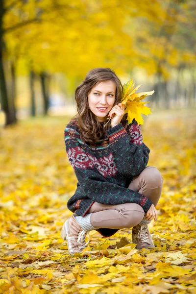 Φθινόπωρο γυναίκας σε πάρκο στα πλεκτά ρούχα φθινόπωρο — Φωτογραφία Αρχείου