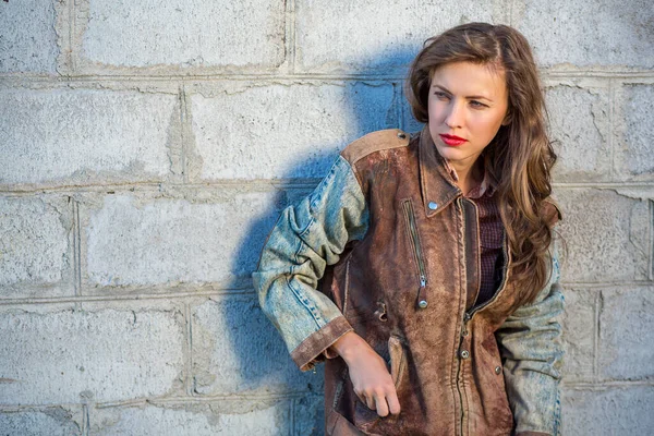 Sexy Young Woman Outdoor Portrait Leather Jacket Biker Theme — Stock Photo, Image