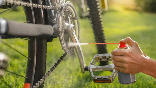 Father Son Maintain Bike Sunny Summer Day — Stock Photo, Image