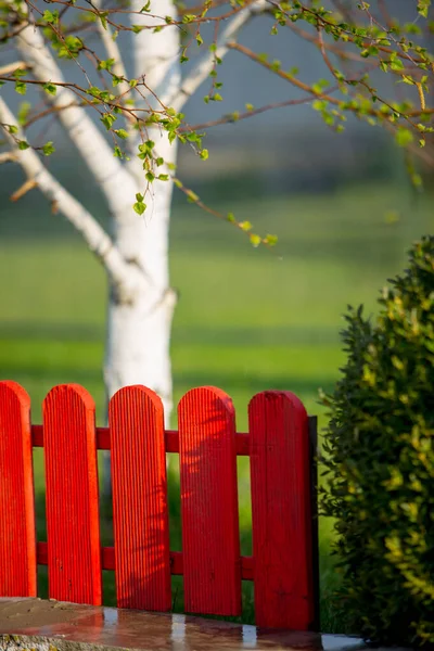 Beautiful red decor fence in summer garden