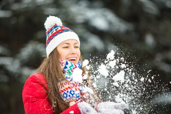 Winter woman blowing snow — Stock Photo, Image