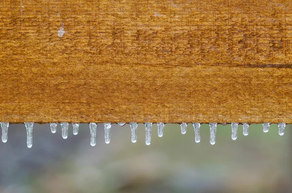 Ahşap bir çit aşağı asılı buz sarkıtları
