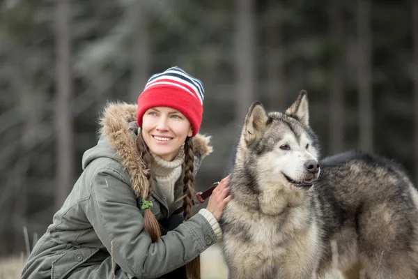 Mulher com cão. Malamute do Alasca — Fotografia de Stock