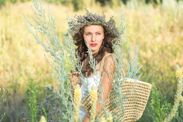 Jovem bela mulher no campo — Fotografia de Stock