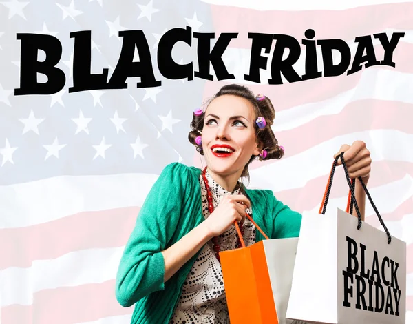 Black Friday super venda mulher de compras — Fotografia de Stock