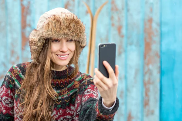 Winter selfie woman — Stock Photo, Image